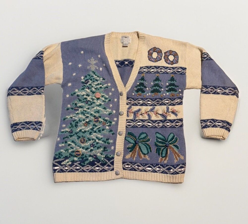 Vintage Christmas Sweater Cardigan Pastel Hand Embroidered Christopher Banks L